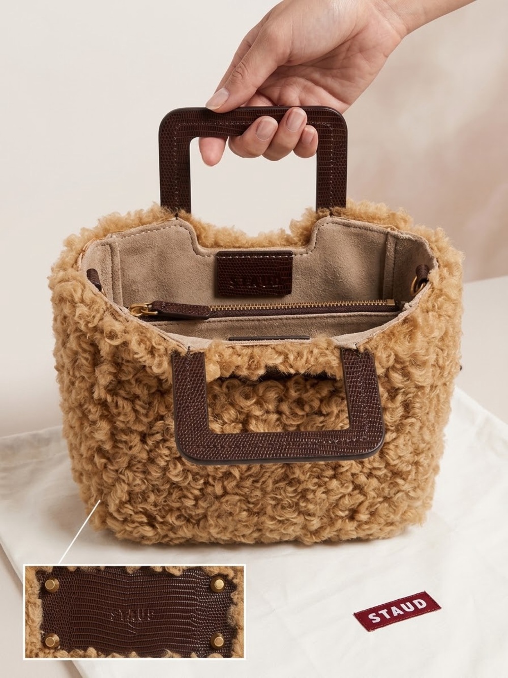 STAUD Mini Shirley Shearling & Lizard Embossed Leather Tote Crossbody Bag
